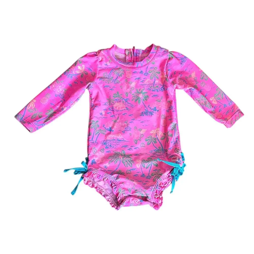RuffleButts Neon Island Time One Piece Rash Guard Long Sleeve Swimsuit 12-18m